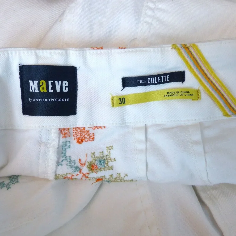 Maeve Anthropologie Colette Jeans 30 White Floral Embroidered Crop Wide Leg Boho